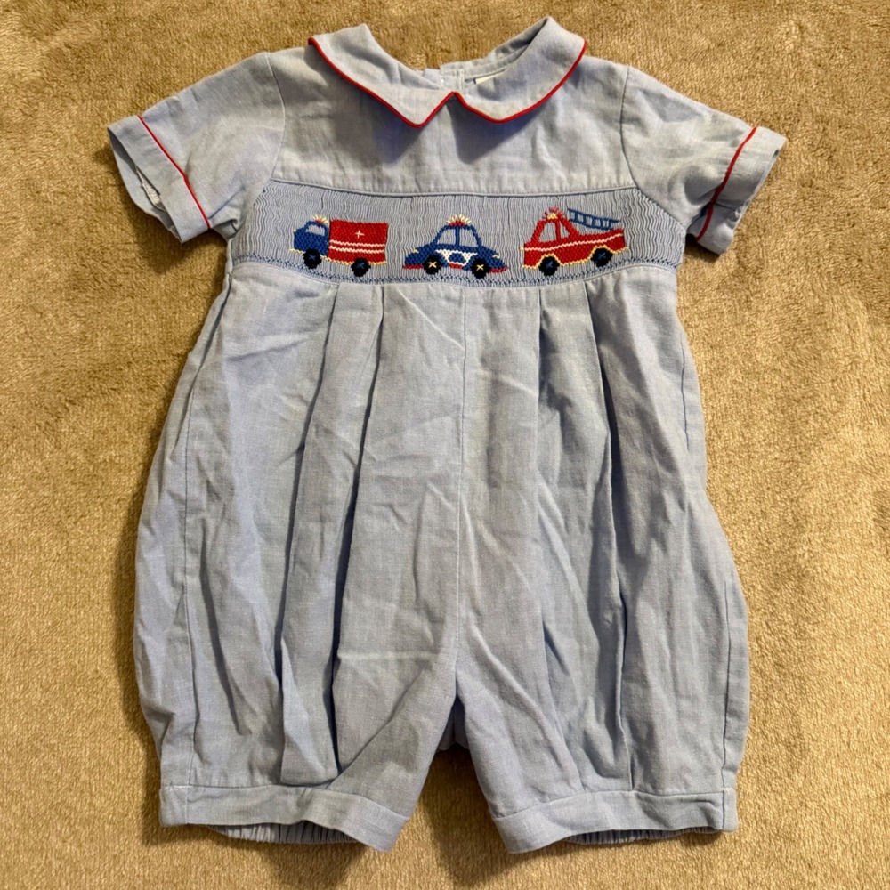 Carriage Boutiques Smocked Emergency Vehicle Romper Blue 9M